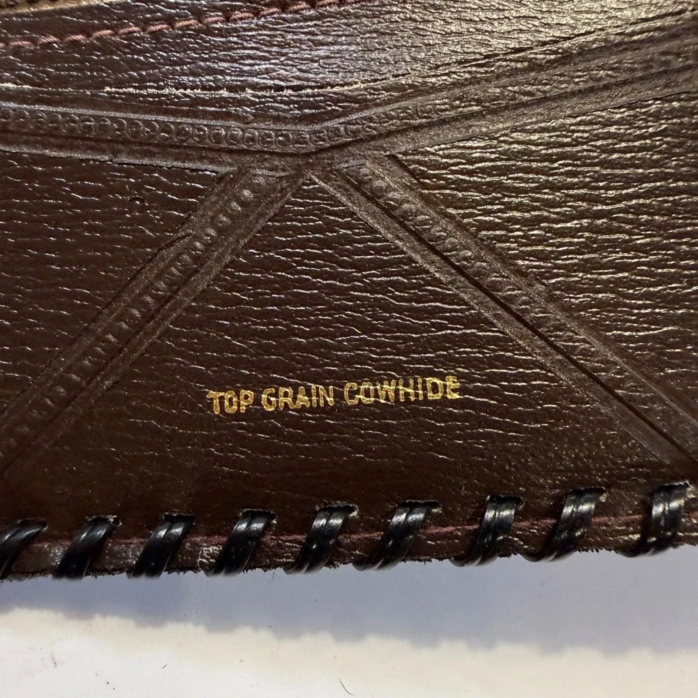 Vintage Dark Brown Top Grain Cowhide Leather Bifold Wallet Whipstitch Embossed